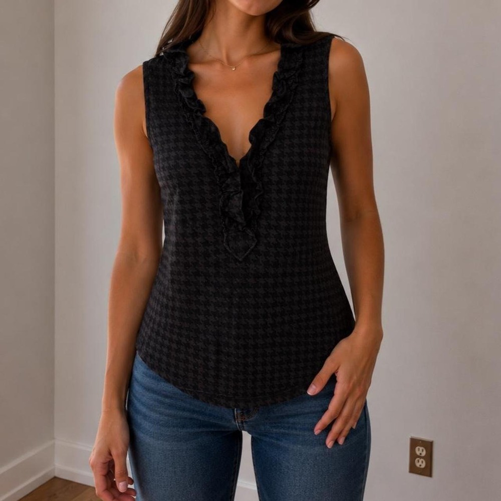 Chocolate Brown Houndstooth Sleeveless Ruffle Blouse Women M Dark Academia Y2K